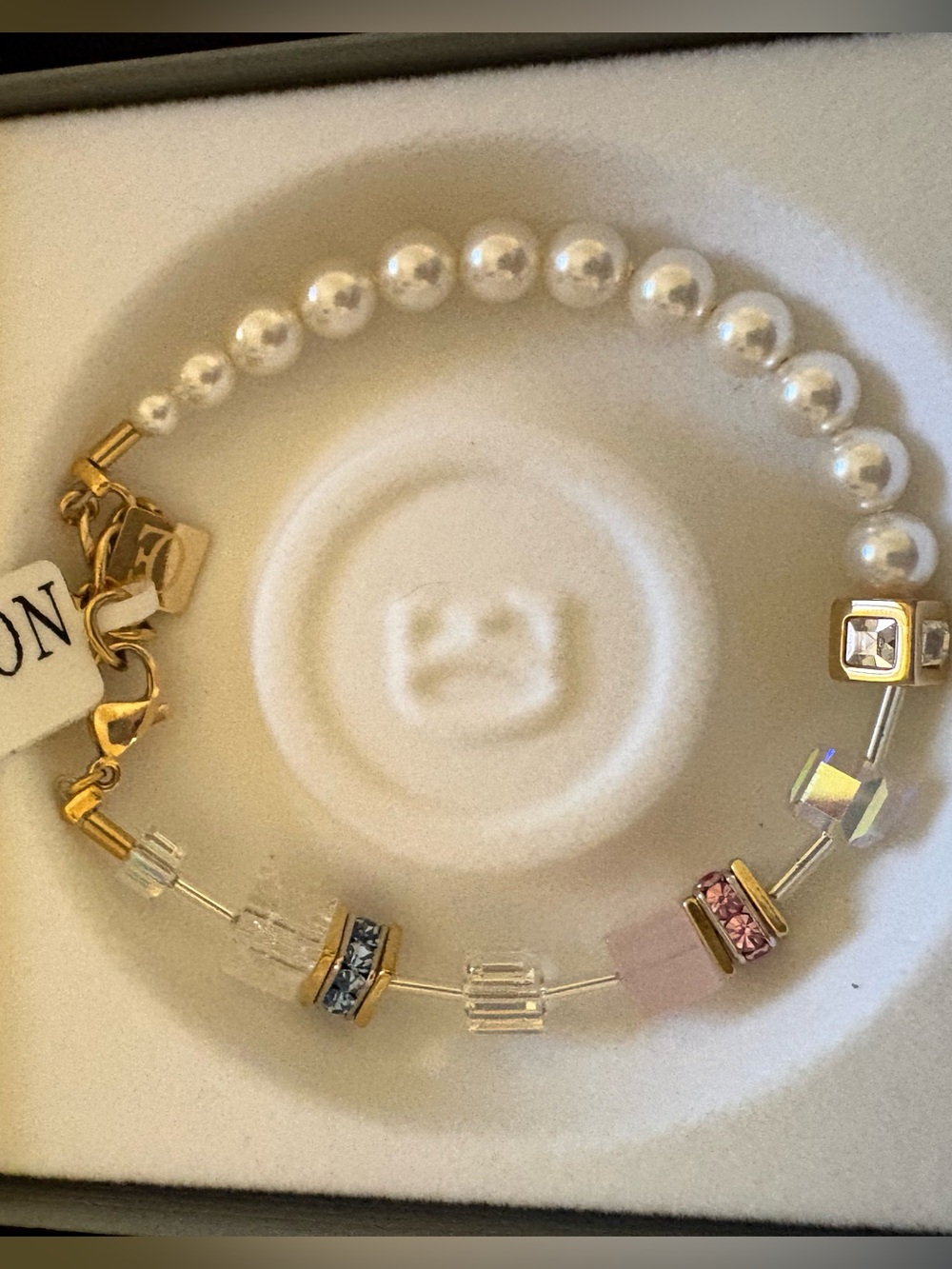 Gold-Tone Pearl Bracelet with Pink and Clear Crystal Accents